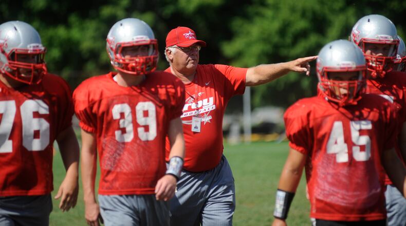 Troy defensive coordinator Charlie Burgbacher. Troy pulled a stunning 10-6 Week 1 high school football upset of Trotwood-Madison. Building on that win is the Trojans' goal, according to second-year coach Matt Burgbacher. That begins with a Week 2 contest vs. visiting Cin. Northwest on Friday, Sept. 2, 2016. MARC PENDLETON / STAFF