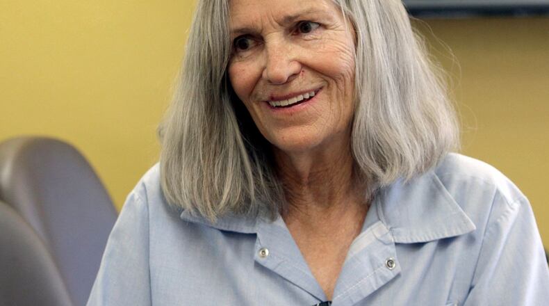 Former Charles Manson follower Leslie Van Houten confers with her attorney, Rich Pfeiffer, not shown, during a break from her hearing before the California Board of Parole Hearings at the California Institution for Women in Chino, Calif., Thursday, April 14, 2016.