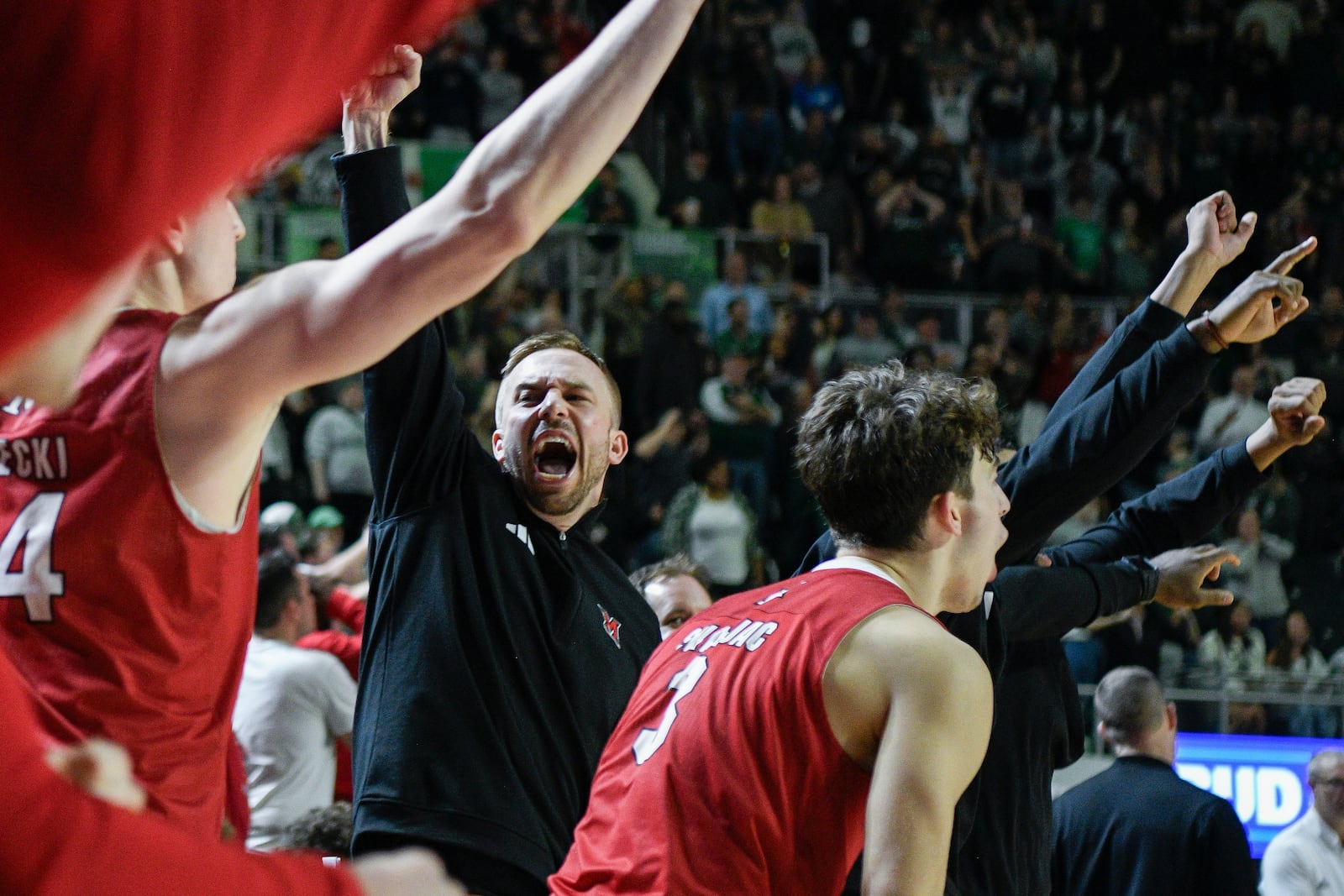The Miami (Ohio) bench reacts after defeating Ohio in an NCAA college basketball game, Friday, March 6, 2026, in Athens, Ohio. (AP Photo/HG Biggs)