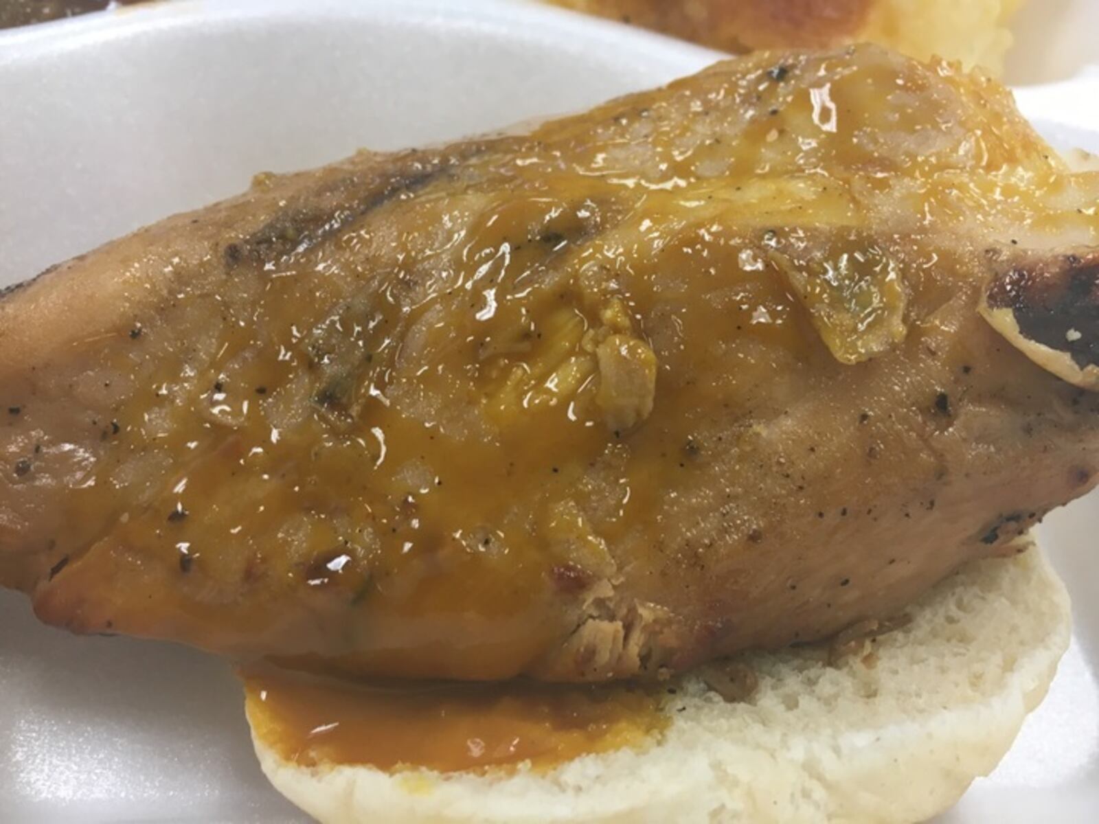 Marinated chicken sandwich with Southern Gold sauce.