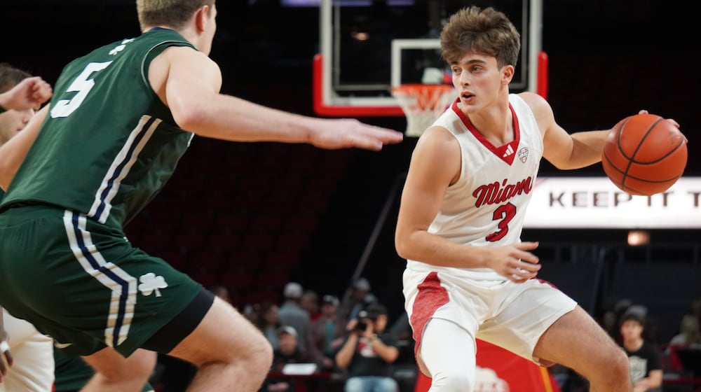 Miami’s Luke Skaljac dribbles the ball against Mercyhurst on Thursday night at Millett Hall. CHRIS VOGT / CONTRIBUTED