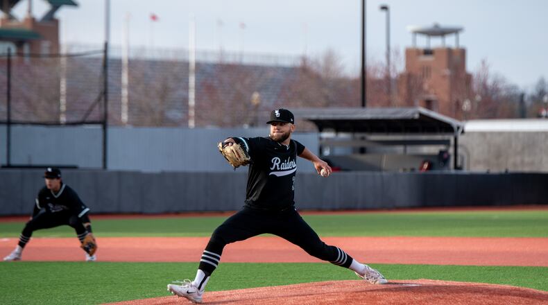 Wright State's Alex Theis fires a pitch plateward during the Raiders' 3-0 win over Ohio State last week in Columbus. Wright State Athletics photo
