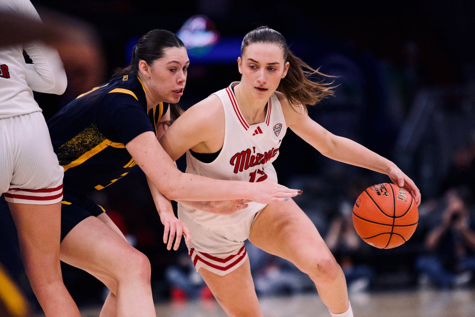 Miami's Nuria Jurjo drives the lane during her Mid-American Conference championship game against Toledo on Saturday, March 14, 2026, at Rocket Arena in Cleveland. JORDAN PHILLIPS / CONTRIBUTED