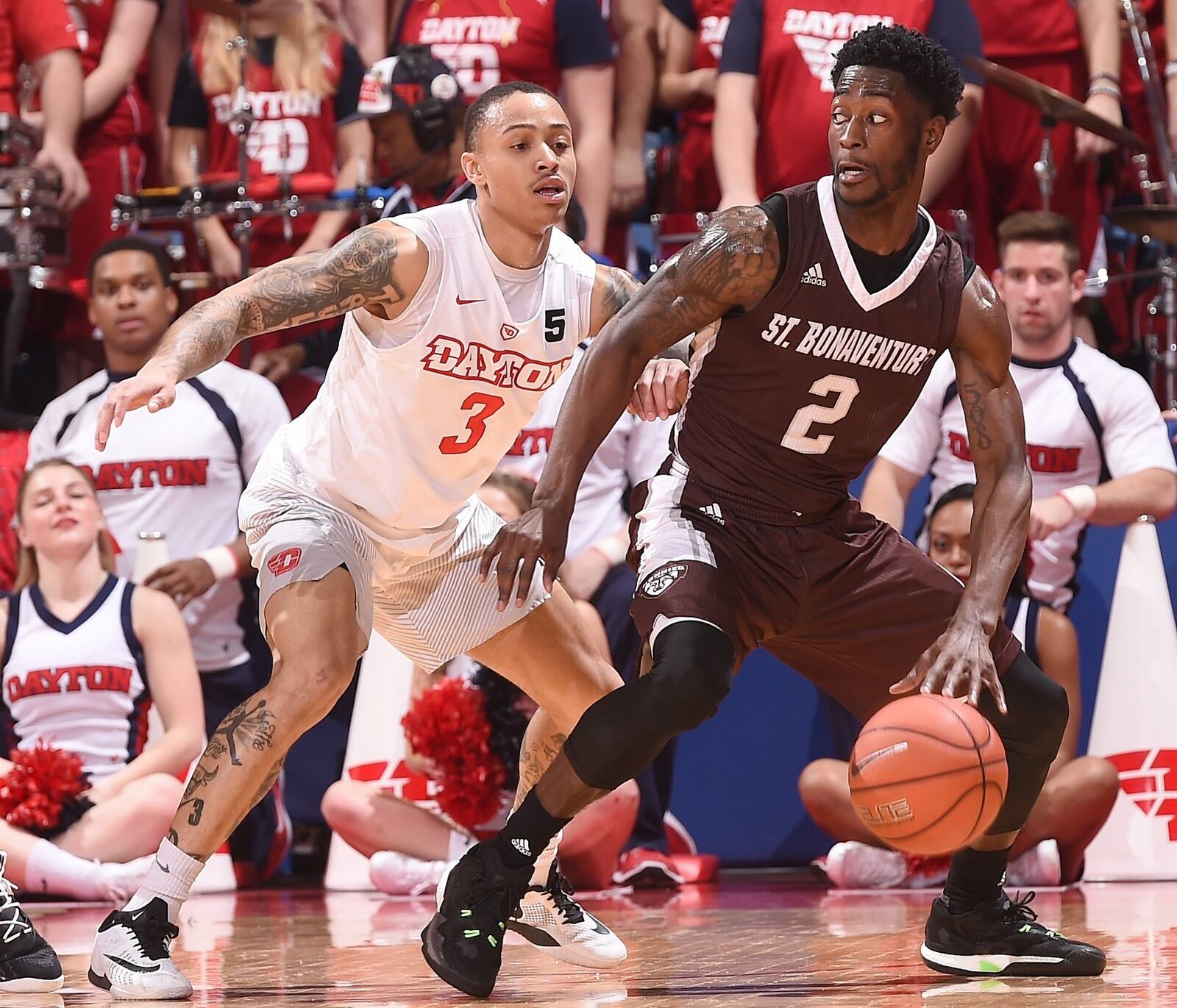Dayton’s Kyle Davis guards St. Bonventure’s Matt Mobley at UD Arena on Saturday, Feb. 18. ERIC SCHELKUN/CONTRIBUTED