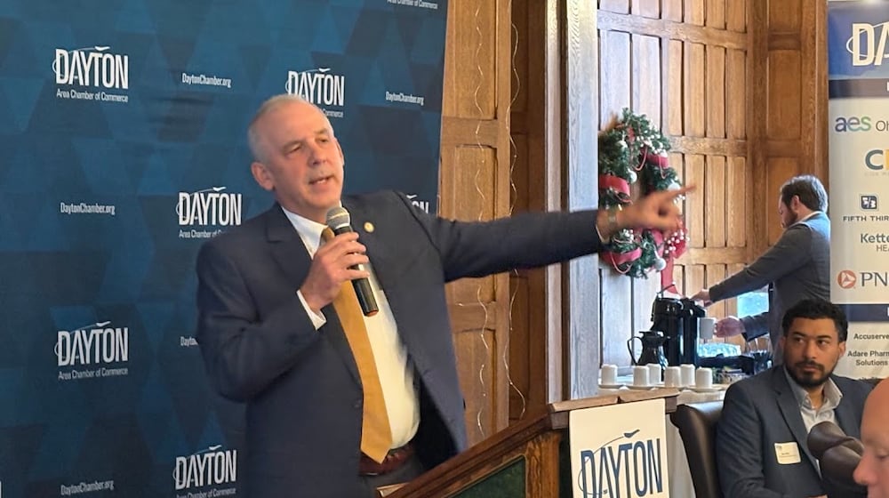 Ohio House Speaker Matt Huffman, R-Lima, speaks Tuesday Dec. 9, 2025 before Dayton Area Chamber of Commerce Government Affairs breakfast briefing at the Dayton Engineers Club. THOMAS GNAU/STAFF