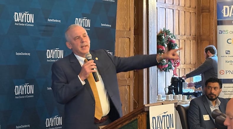Ohio House Speaker Matt Huffman, R-Lima, speaks Tuesday Dec. 9, 2025 before Dayton Area Chamber of Commerce Government Affairs breakfast briefing at the Dayton Engineers Club. THOMAS GNAU/STAFF