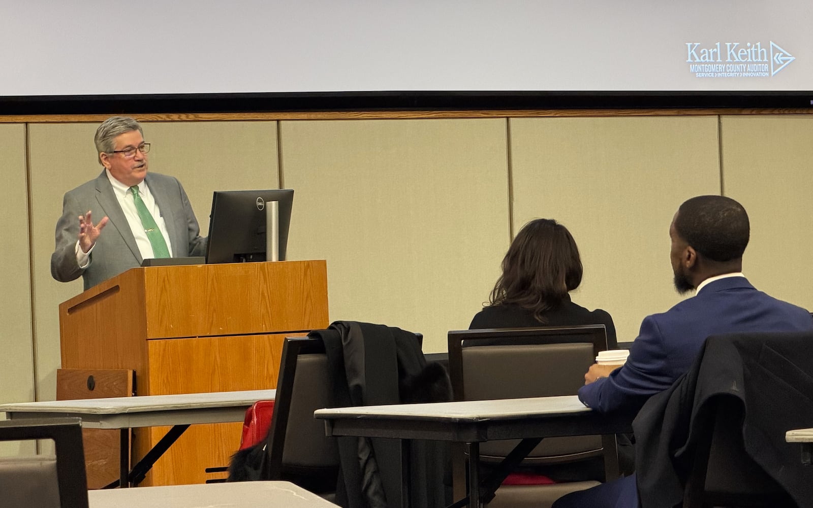 Montgomery County Auditor Karl Keith updates dozens of local officials on the state of local property during a presentation at Sinclair College on Jan. 22, 2026. SYDNEY DAWES/STAFF