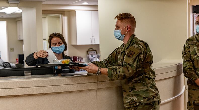 Members of the Ohio National Guard are helping at Miami Valley Hospital in Dayton as Ohio experiences staffing shortages at hospitals across the state during the COVID-19 pandemic. Guard members arrived on Dec. 30, 2021, for orientation and have been assisting with food service, environmental services, patient transport and other non-clinical jobs. The National Guard is also helping with Premier Health’s COVID testing site located across from MVH on Main Street. Photo courtesy Premier Health