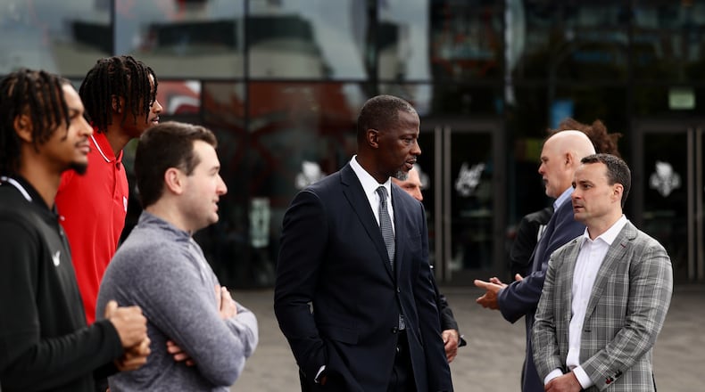 Dayton coach Anthony Grant talks to Rhode Island coach Archie Miller at Atlantic 10 Conference Media Day on Tuesday, Oct. 17, 2023, at the Barclays Center in Brooklyn, N.Y. David Jablonski/Staff