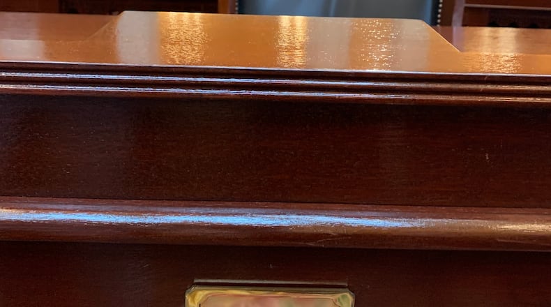 Sen. Niraj Antani's empty chair at the Ohio Statehouse on May 22.