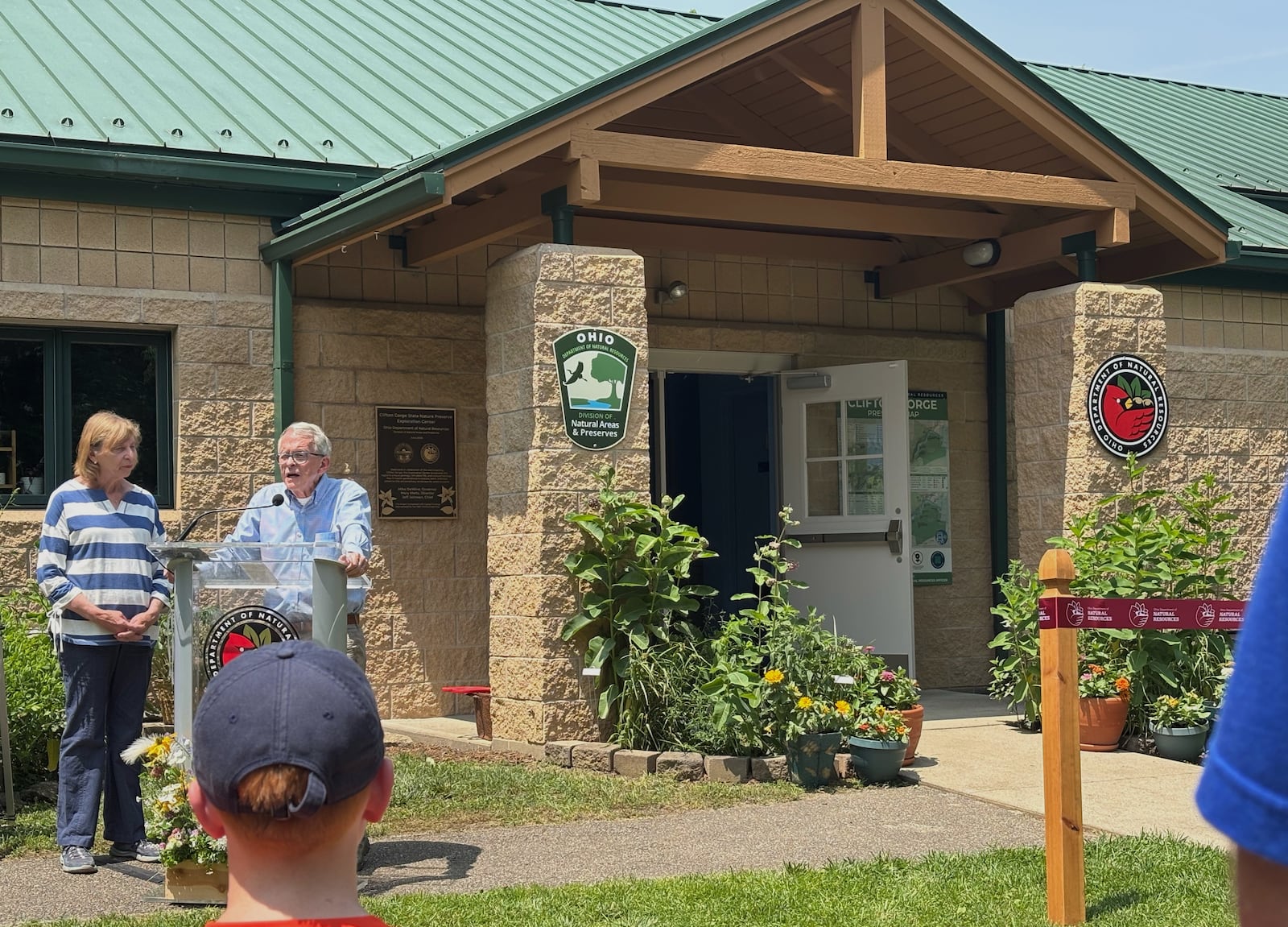 Fran DeWine listens as Ohio Gov. Mike DeWine speaks about Clifton Gorge Nature Preserve's new Exploration Center Thursday, June 12, 2025. JESSICA OROZCO/STAFF