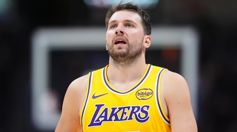 Los Angeles Lakers guard Luka Dončić reacts as time runs out in the second half of an NBA basketball game against the Denver Nuggets Thursday, March 5, 2026, in Denver. (AP Photo/David Zalubowski)