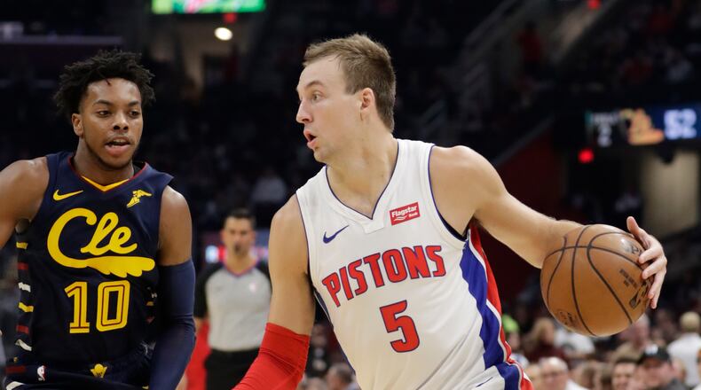FILE - In this Dec. 3, 2019, file photo, Detroit Pistons' Luke Kennard (5) drives against Cleveland Cavaliers' Darius Garland (10) during the second half of an NBA basketball game in Cleveland. The Los Angeles Clippers acquired  Kennard from Detroit as part of a three-way deal with the Pistons and Brooklyn on Wednesday, Nov. 18, 2020. (AP Photo/Tony Dejak, File)