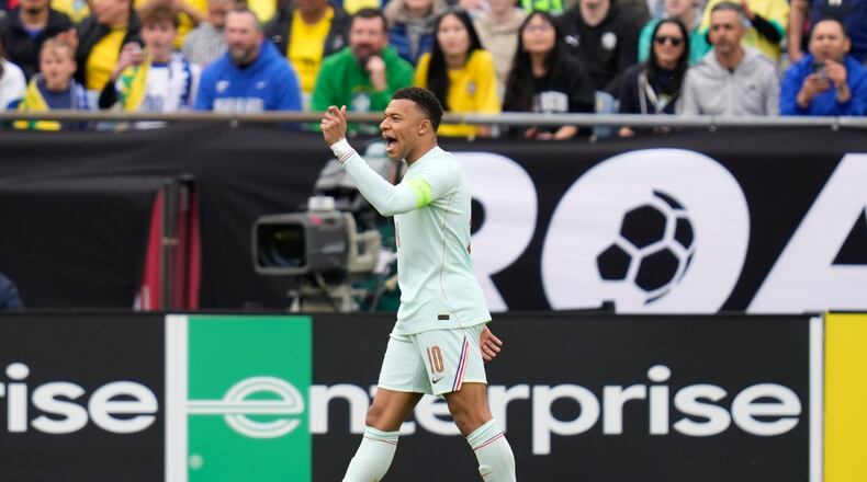 Kylian Mbappe of France gestures during the international friendly soccer match between Brazil and France in Foxborough, Mass, Thursday, March 26, 2026. (AP Photo/Charles Krupa)