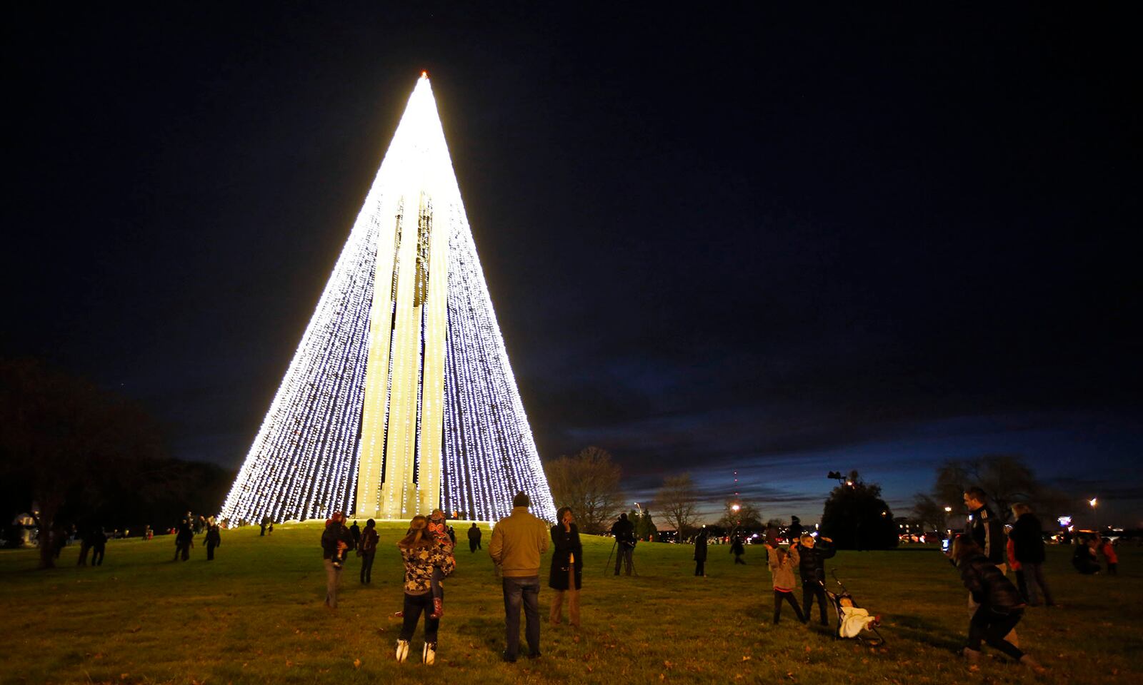 Dayton History has transformed the Deeds Carillon at Carillon Park into a huge lighted Christmas Tree. The big tree was illuminated on Tuesday evening. TY GREENLEES / STAFF