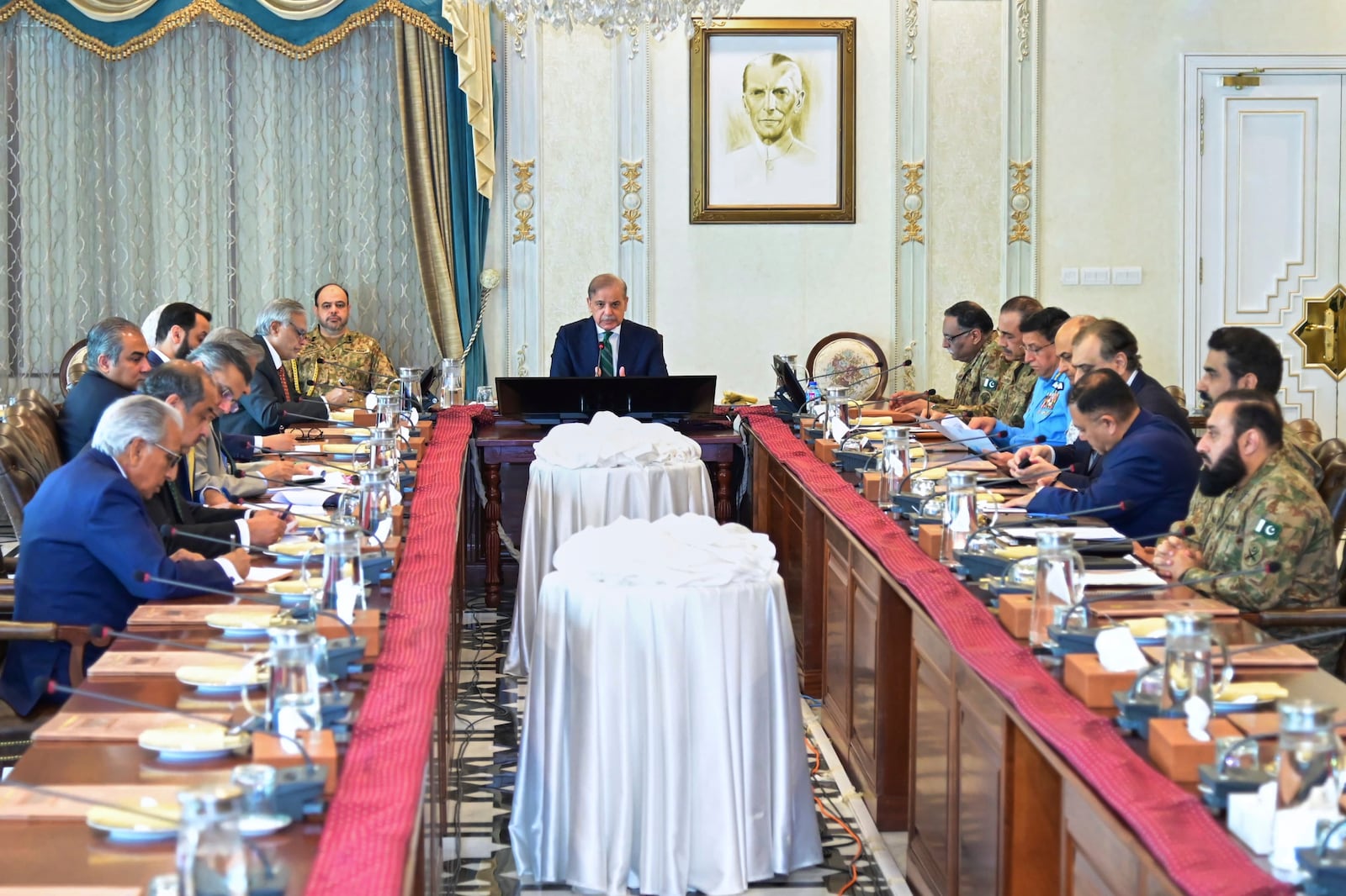 In this photo released by the Prime Minister's Office, Pakistan's Prime Minister Shehbaz Sharif chairs the meeting of the National Security Committee, in Islamabad, Pakistan, Thursday, April 24, 2025. (Prime Minister's Office via AP)