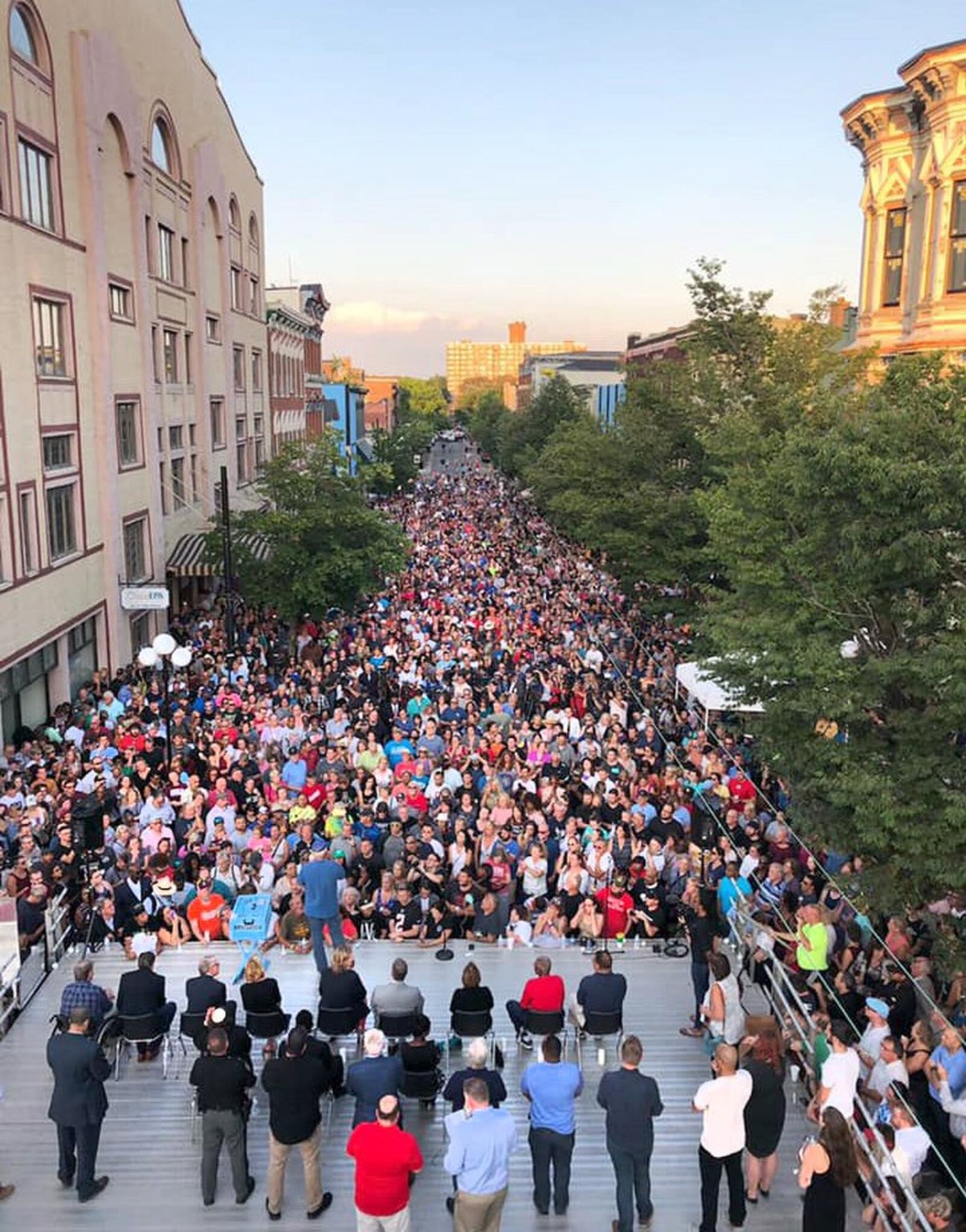 East Fifth Street in Dayton’s historic Oregon District was packed with people Sunday night as local leaders and community members gathered for a vigil in memory of the nine victims killed in a weekend shooting. CITY OF DAYTON