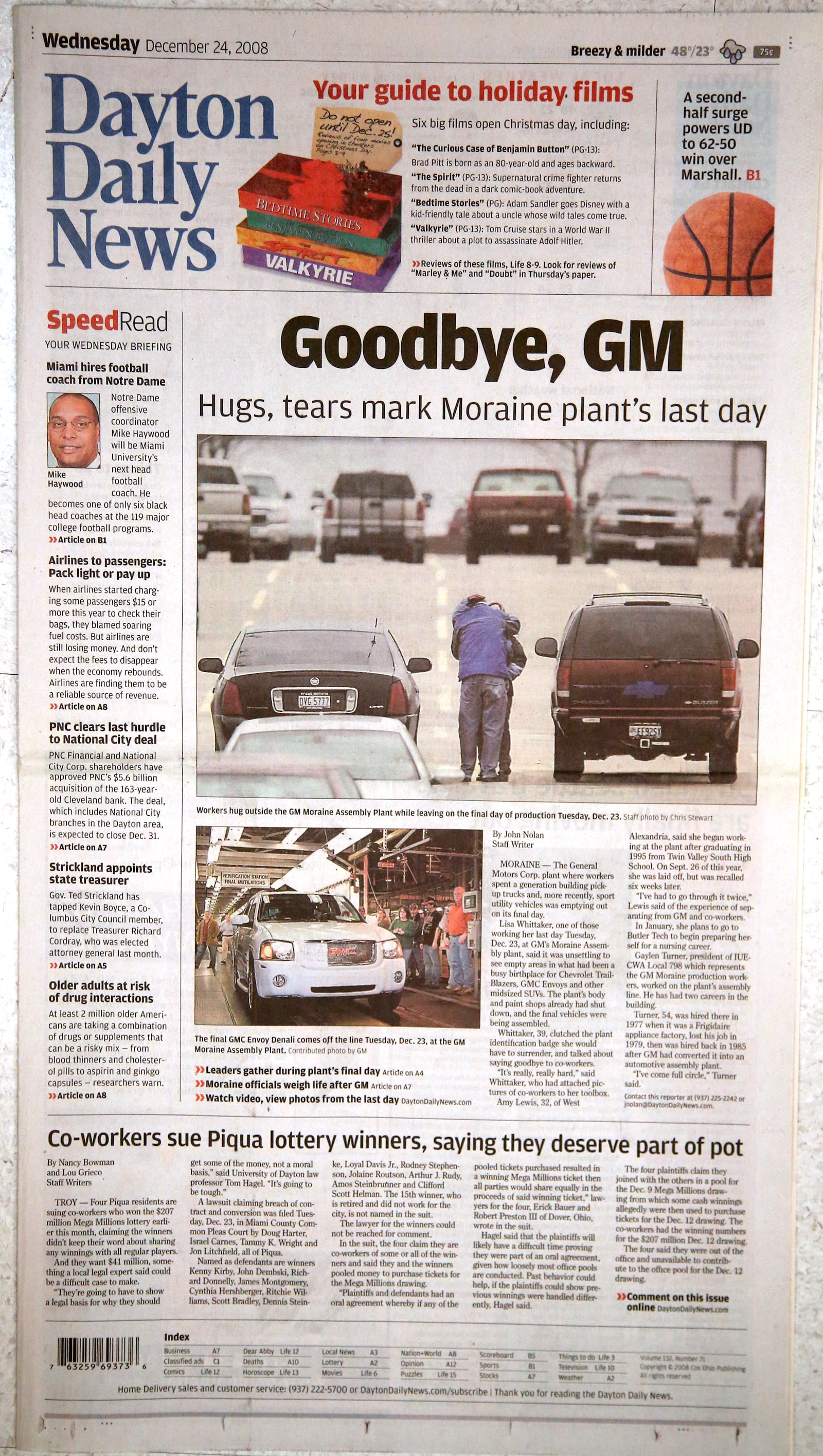 December 24, 2008:  The front page of the Dayton Daily News coverage GM announcing the closure of its plant in Moraine.