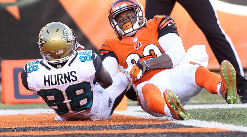 CINCINNATI, OH - NOVEMBER 2: Allen Hurns #88 of the Jacksonville Jaguars catches a pass for a touchdown in front of Terence Newman #23 of the Cincinnati Bengals during the fourth quarter at Paul Brown Stadium on November 2, 2014 in Cincinnati, Ohio. Cincinnati defeated Jacksonville 33-23. (Photo by John Grieshop/Getty Images)