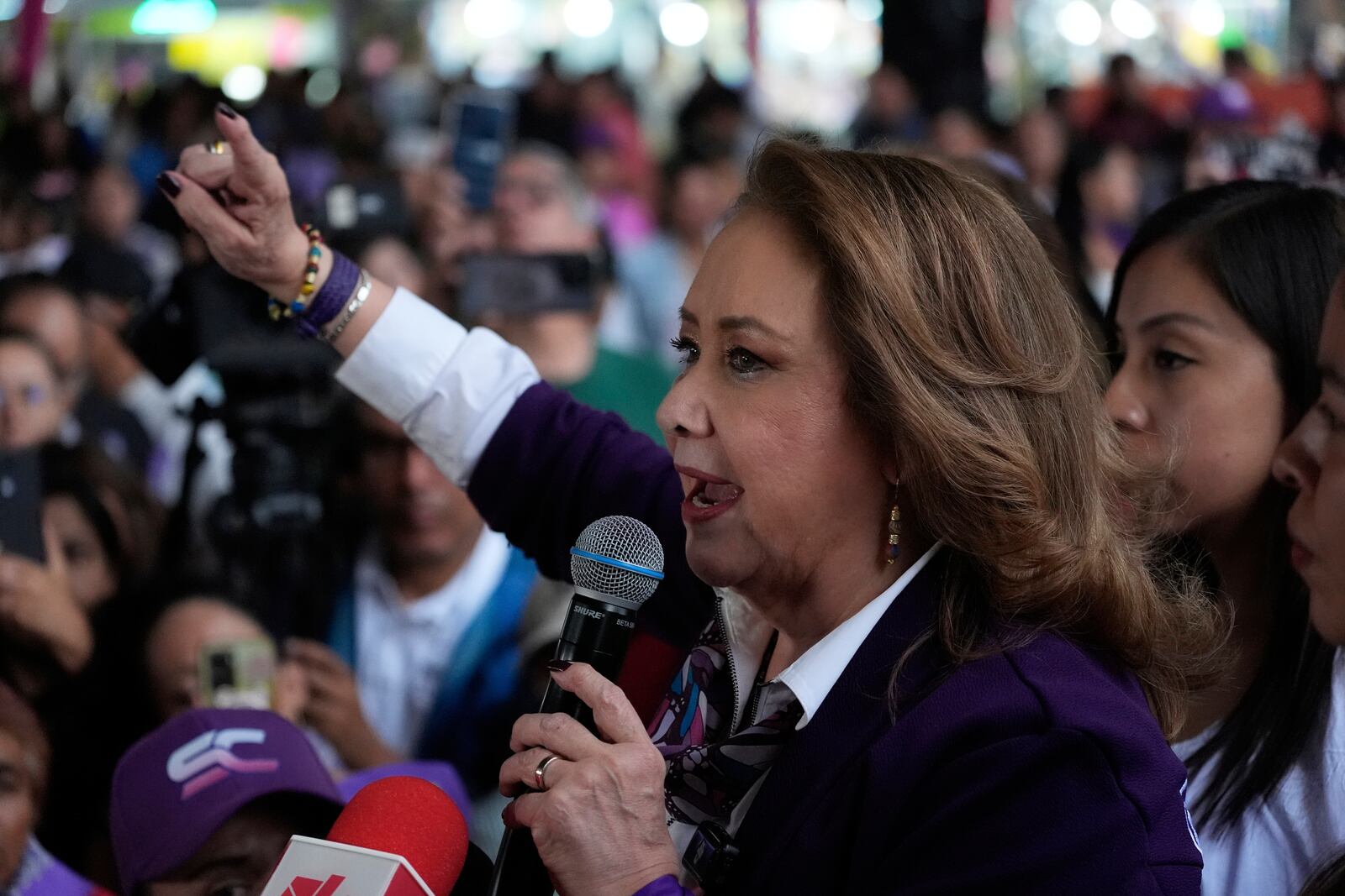 Yasmin Esquivel, who is running for election for the Mexican Supreme Court, greets supporters at her closing campaign rally in Mexico City, Wednesday, May 28, 2025. (AP Photo/Marco Ugarte)
