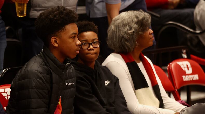Anthony Thompson, a 2026 recruit from Lebanon, watches Dayton play Rhode Island from behind the UD bench on Saturday, Jan. 20, 2024, at UD Arena. David Jablonski/Staff