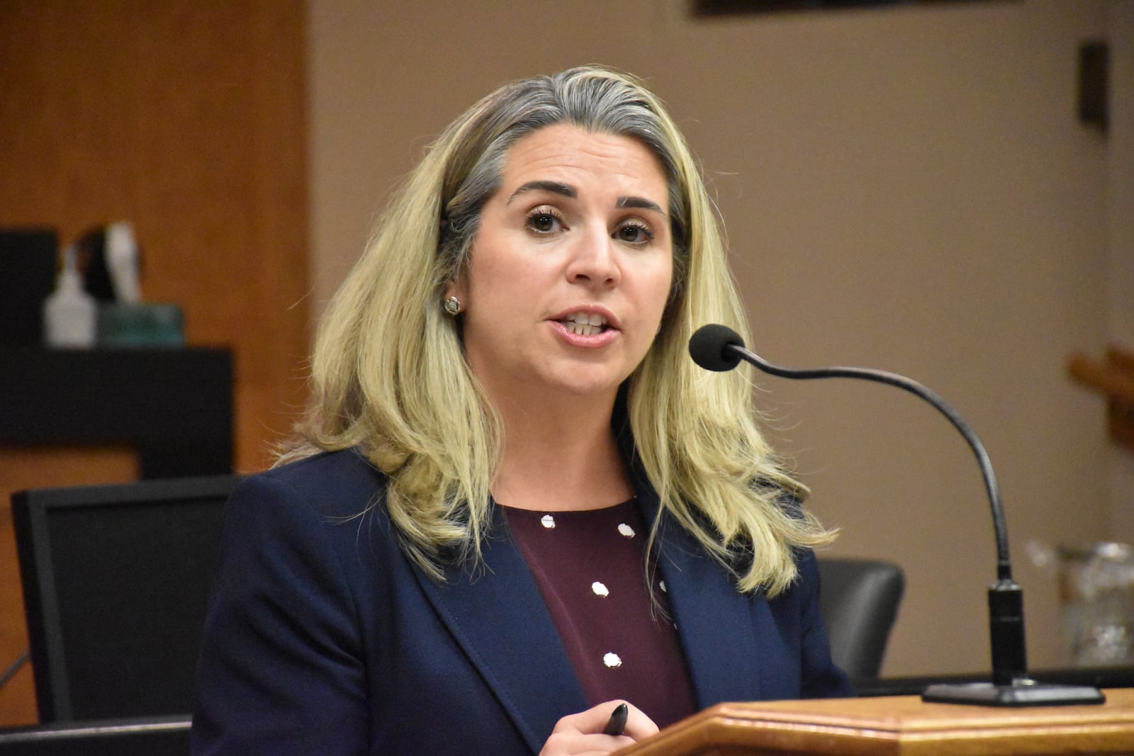 Sarah Hackenbracht, president and CEO of the Greater Dayton Area Hospital Association, speaks at City Hall on Sept. 24, 2025. CORNELIUS FROLIK / STAFF