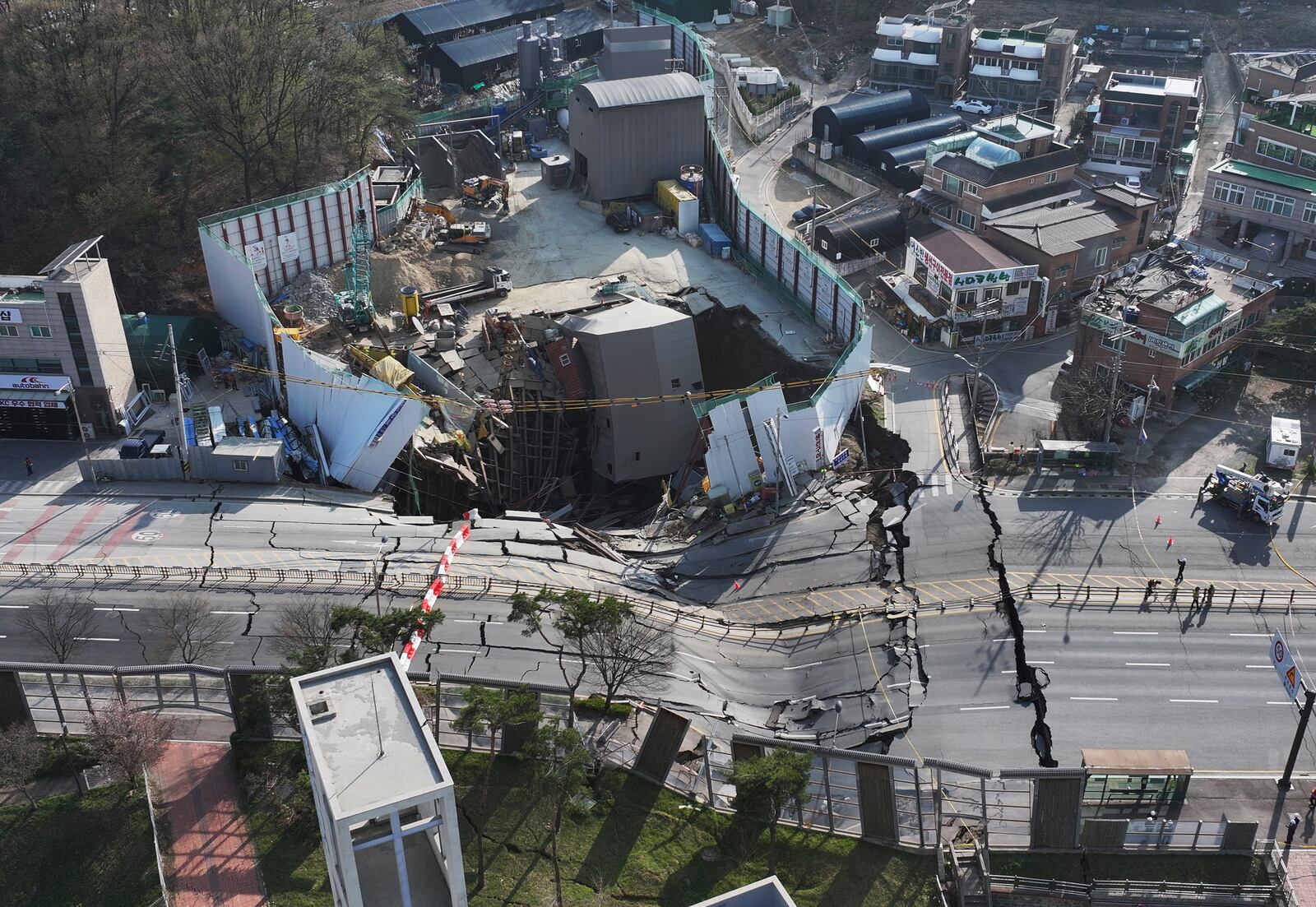 A subway tunnel construction site collapses in Gwangmyeong, South Korea, Friday, April 11, 2025. (Hong Ki-won/Yonhap via AP)