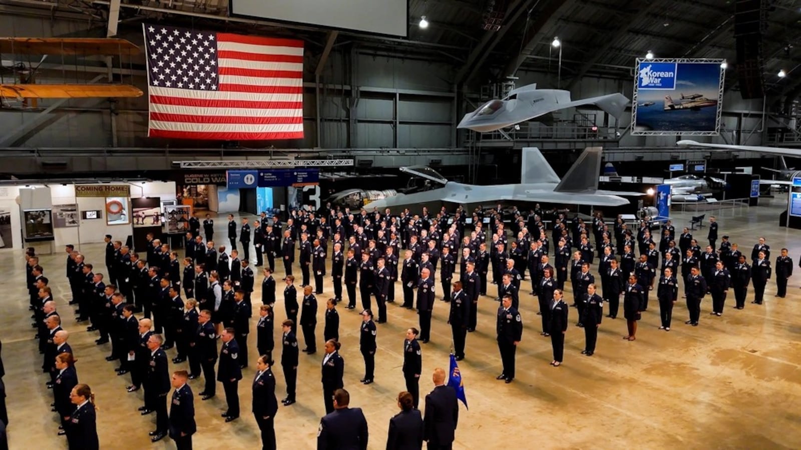 711th Human Performance Wing personnel participate in a dress blues uniform inspection at the National Museum of the U.S. Air Force, May 28, 2025. Air Force photo / Ken Lerock