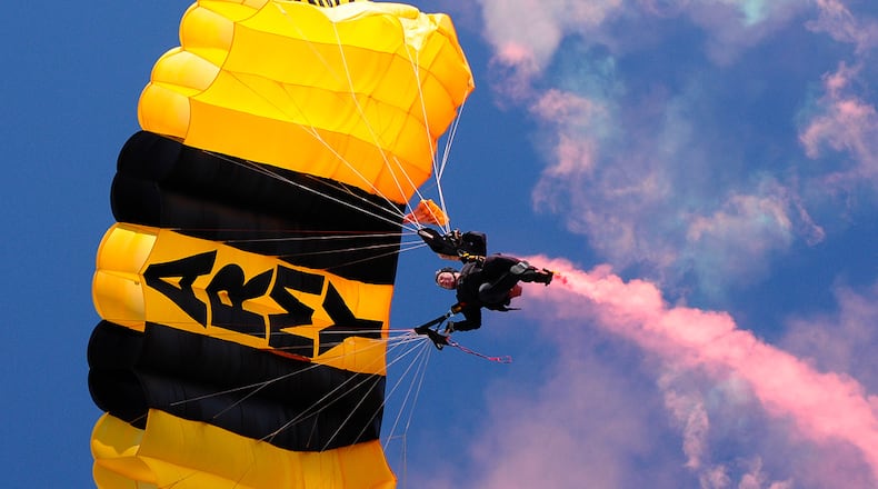 The U.S. Navy Blue Angels and the U.S. Army Golden Knights (pictured) are among the celebrated flight teams at CenterPoint Energy Dayton Air Show at Dayton International Airport in Vandalia on Saturday and Sunday, July 30 and 31.