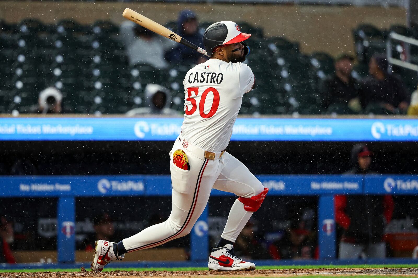Minnesota Twins' Willi Castro hits an RBI double against the Cleveland Guardians during the second inning of baseball game Monday, May 19, 2025, in Minneapolis. (AP Photo/Matt Krohn)