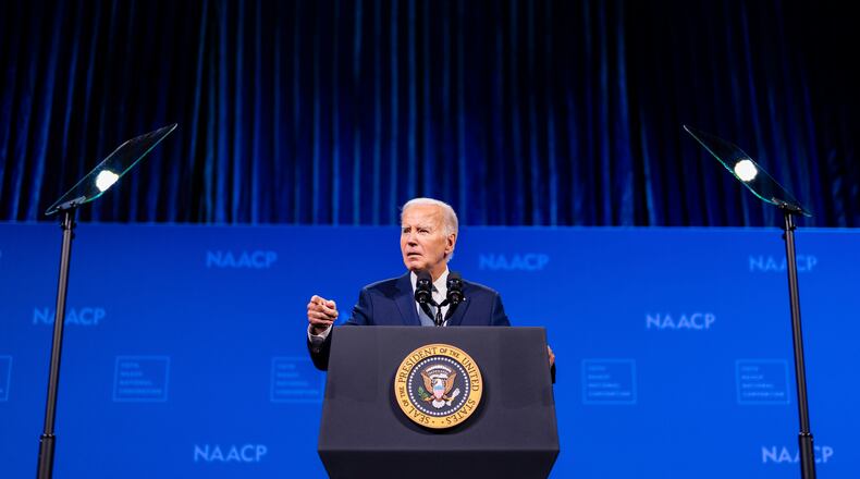 President Joe Biden delivers remarks at the NAACP National Convention in Las Vegas, on Tuesday, July 16, 2024. The president has insisted he is committed to running, but his list of scenarios in which he might reconsider has grown. (Eric Lee/The New York Times)