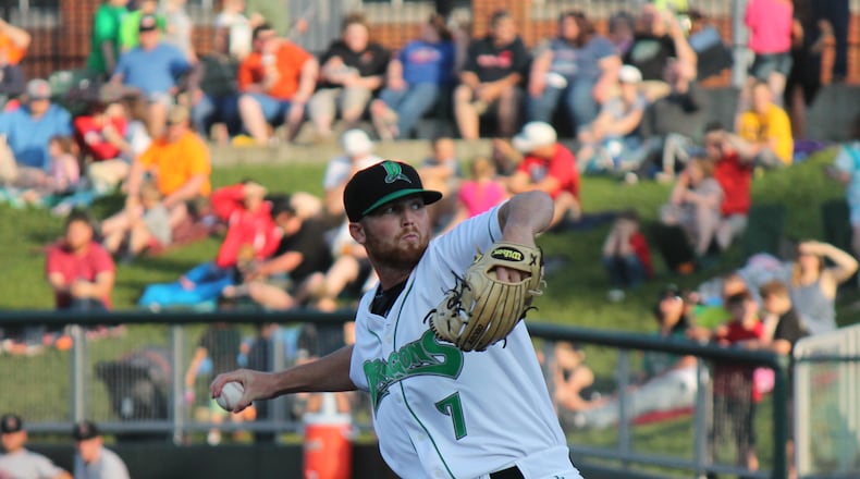 Dragons’ pitcher Andrew Jordan allowed four hits in five innings while making his second start for Dayton, Saturday, May 19, 2018. Nick Dudukovich/CONTRIBUTED