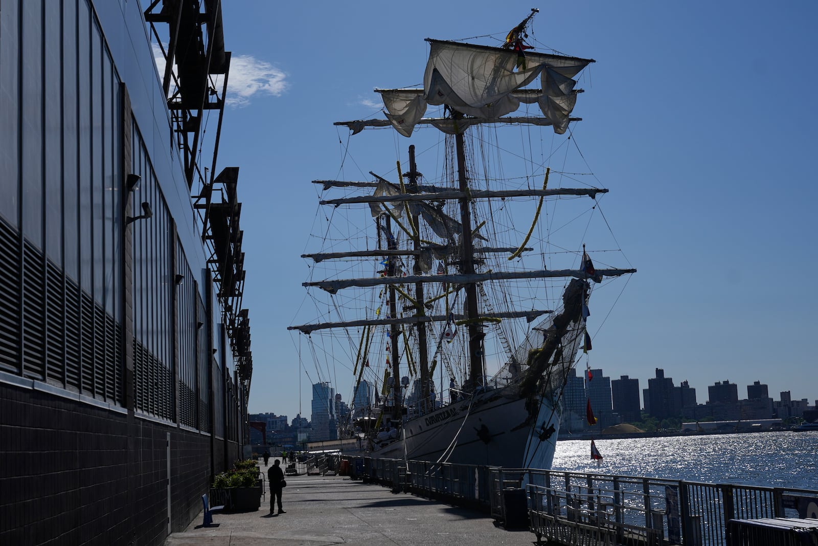 The Cuauhtemoc, a masted Mexican Navy training ship, is docked in Manhattan after it collided with the Brooklyn Bridge in New York, Monday, May 19, 2025. (AP Photo/Seth Wenig)