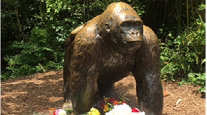 A makeshift memorial for Harambe was building Sunday May 29, 2016 around a bronze statue of a gorilla at the Cincinnati Zoo & Botanical Garden. (Contributed)