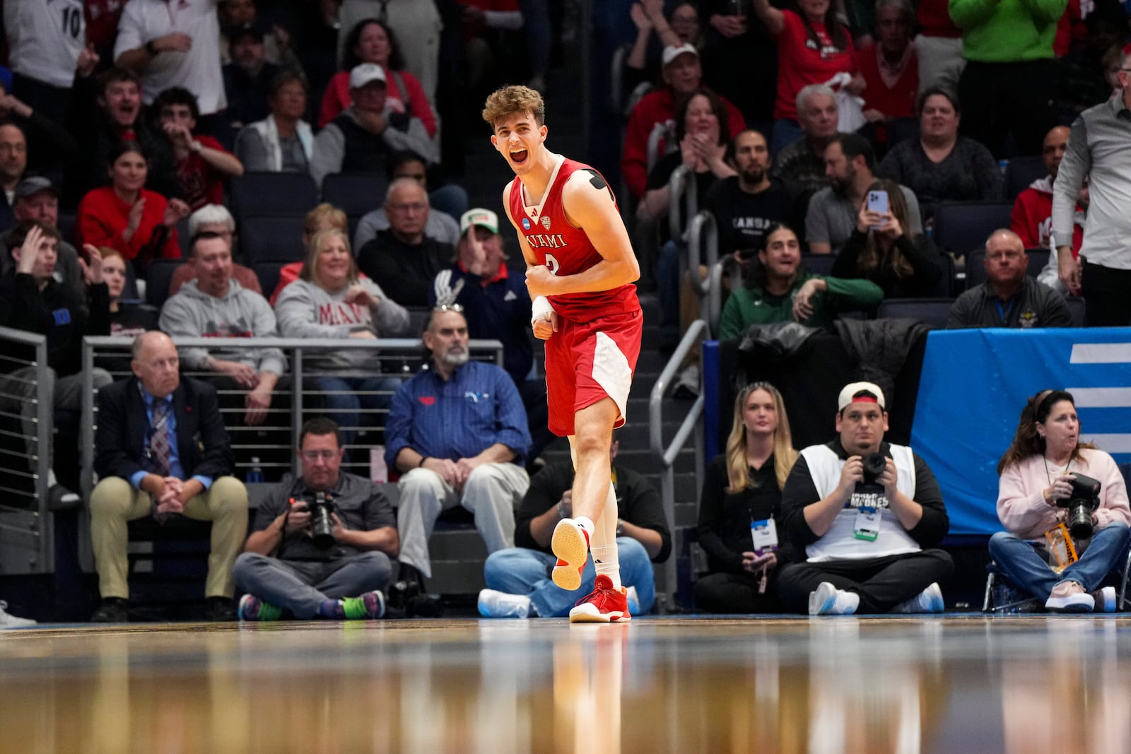 Miami (Ohio) guard Luke Skaljac reacts during the second half of a First Four college basketball game in the NCAA Tournament in Dayton, Ohio, Wednesday, March 18, 2026. (AP Photo/Jeff Dean)
