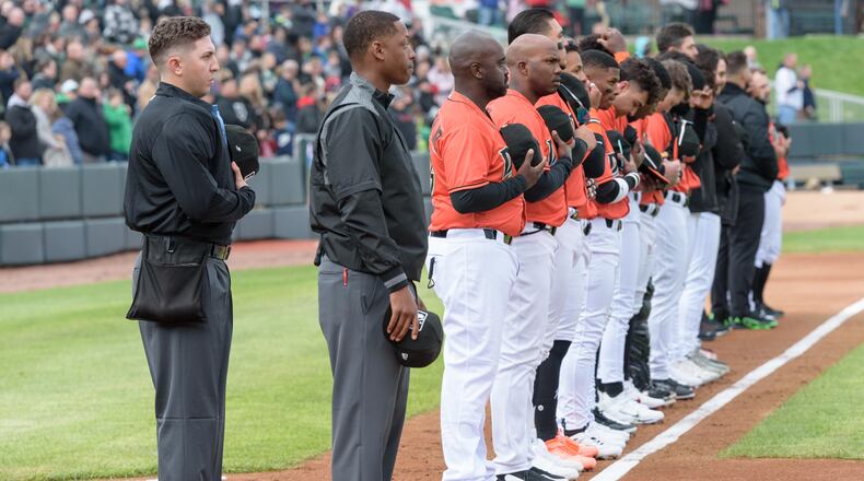 The Dayton Dragons and Lansing Lugnuts played their opening game of the 2024 season on Friday, Apr. 5 at Day Air Ballpark in downtown Dayton. TOM GILLIAM/CONTRIBUTING PHOTOGRAPHER