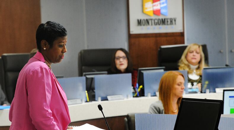 Denise Henton, the fiance of a cousin of Steven Blackshear, who died last week in the Montgomery County Jail, spoke at the Montgomery County Commissioners meeting Tuesday, Feb. 7, 2023. MARSHALL GORBY/STAFF