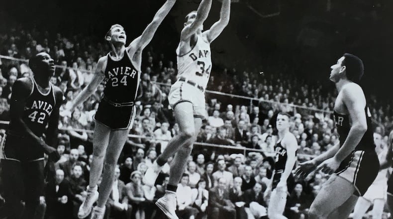 Dayton guard Frank Case goes up for a layup during his career in the 1950s. Photo courtesy of Case