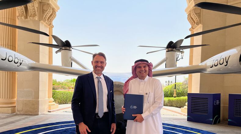 Captain Khalid Al Natour, chief executive of Mukamalah Aviation, signed a memorandum of understanding with Joby Founder and CEO JoeBen Bevirt (left) at the Future Aviation Forum in Riyadh, Saudi Arabia. Joby Aviation Photo