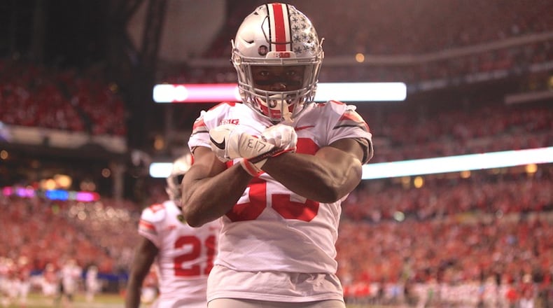 Ohio State’s Terry McLaurin celebrates a touchdown against Wisconsin on Saturday, Dec. 2, 2017, at Lucas Oil Stadium in Indianapolis. David Jablonski/Staff