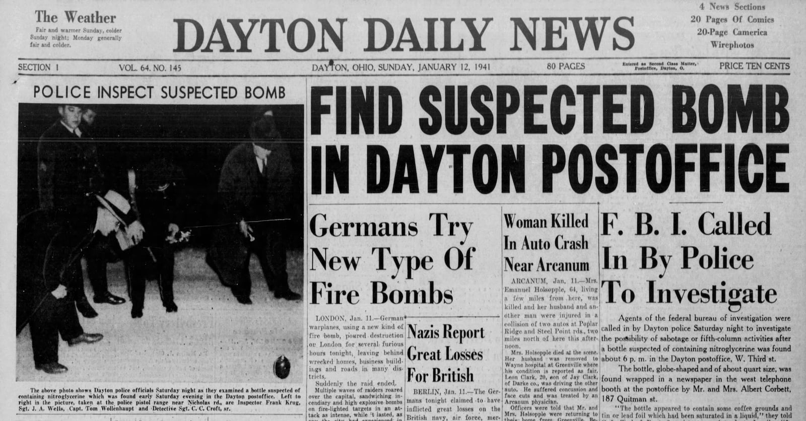Jan. 12, 1941 - Find suspected bomb in Dayton post office. DAYTON DAILY NEWS ARCHIVES