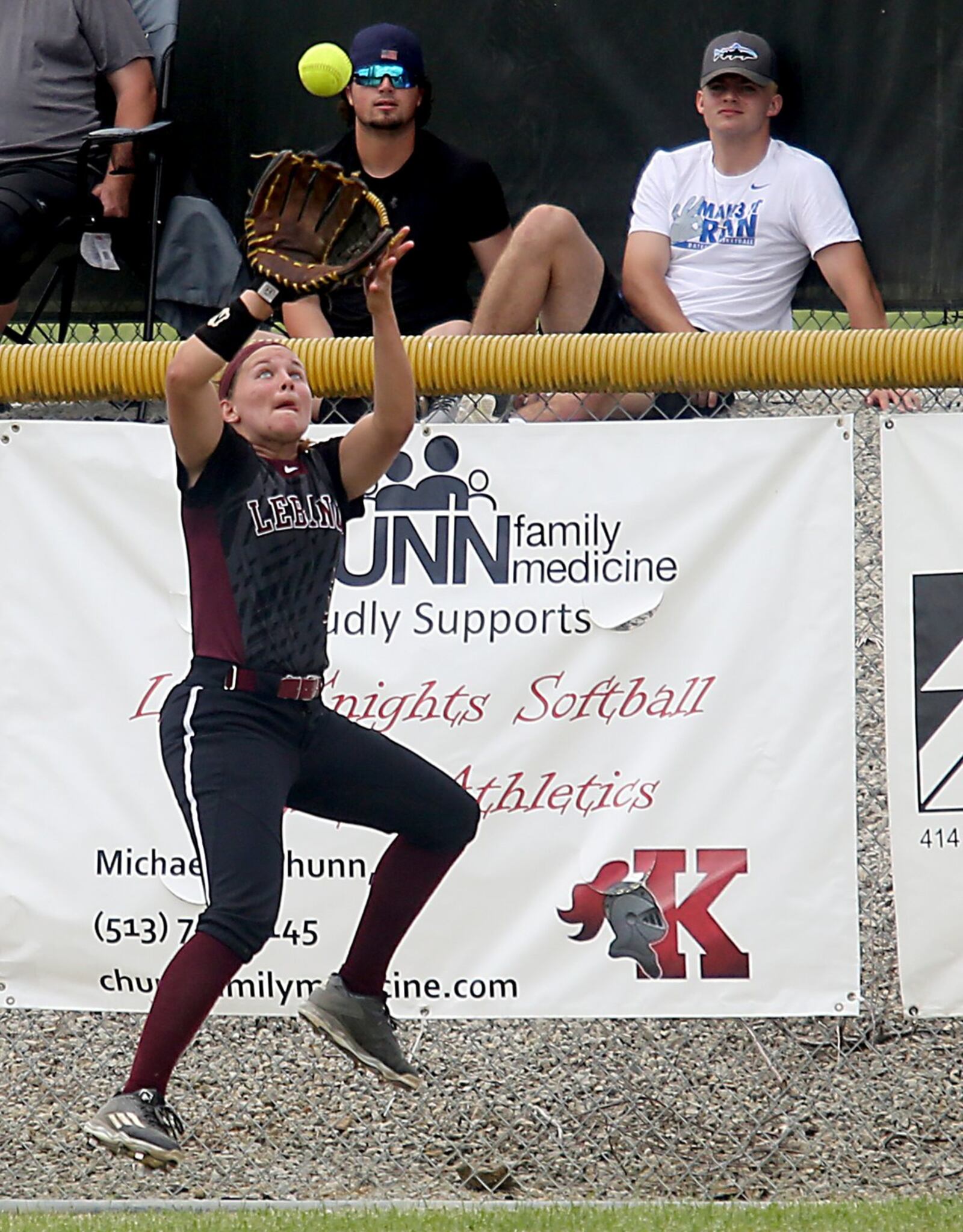 Lebanon left fielder Chloe Allen hauls in a deep Mason fly ball Sunday during a Division I regional title game at Kings. CONTRIBUTED PHOTO BY E.L. HUBBARD