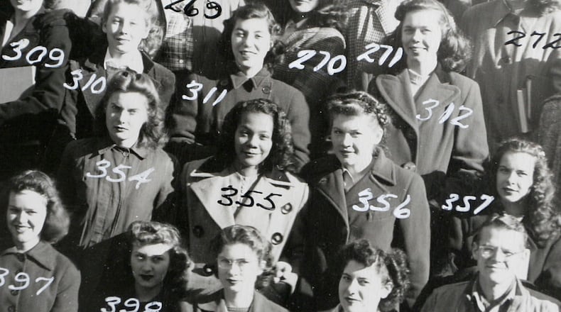 An enlarged section of a class and faculty photo shows Coretta Scott King, marked as 355, taken Nov. 15, 1945, is on display in the library at Antioch College, Tuesday, Feb. 7, 2006, in Yellow Springs, Ohio. King graduated from Antioch College in 1951. (AP Photo/Courtesy Antioch College)