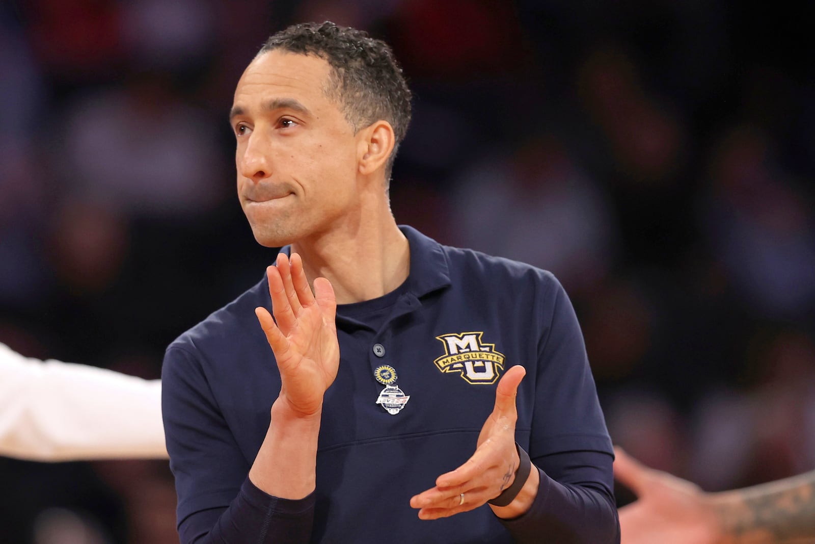 FILE - Marquette head coach Shaka Smart reacts during the first half of an NCAA college basketball game against Xavier in the quarterfinals of the Big East Conference tournament, Thursday, March 13, 2025, in New York. (AP Photo/Pamela Smith, File)