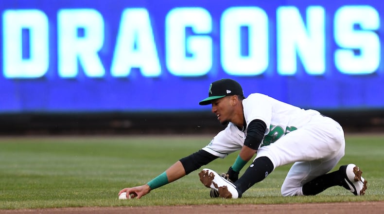 Dragons shortstop Miguel Hernandez makes a stop. Bowling Green defeated host Dayton 3-2 in a minor-league baseball season opener at Fifth Third Field on Thursday, April 4, 2019. NICK FALZERANO / CONTRIBUTED