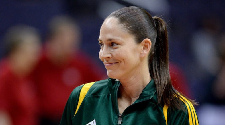 Seattle Storm guard Sue Bird (10) warms up before the game against the Washington Mystics at the Verizon Center in Washington, Saturday, May 24, 2014. Bird announced that she is gay in an article from ESPNW. (Chuck Myers/MCT)