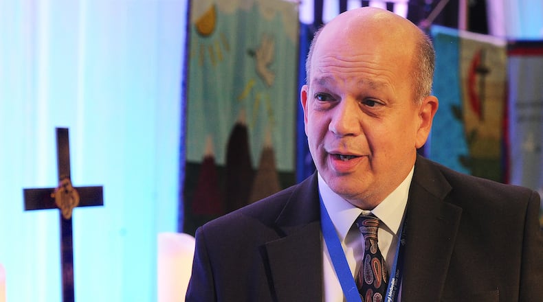 United Methodist Church Miami Valley District Superintendent Jim Wilson discusses the split in the church and other issues facing Dayton-area Methodists on Friday, June 2, 2023. MARSHALL GORBY/STAFF