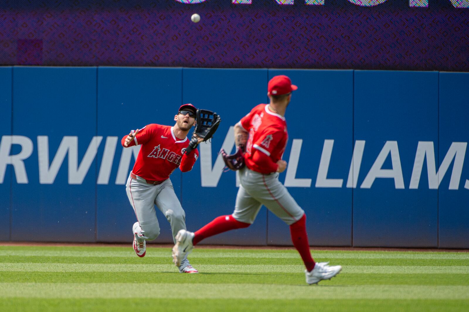 Los Angeles Angels' Taylor Ward prepares to catch a fly ball by Cleveland Guardians' Steven Kwan as Zach Neto, right, looks on during the sixth inning of a baseball game, Sunday, June 1, 2025, in Cleveland. (AP Photo/Phil Long)