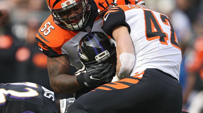 Running back Gus Edwards of the Baltimore Ravens is tackled by outside linebacker Vontaze Burfict of the Cincinnati Bengals during the first half at M&T Bank Stadium on November 18, 2018 in Baltimore, Maryland. (Photo by Patrick Smith/Getty Images)