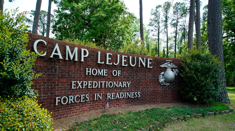 The main gate to Camp Lejeune Marine Base outside Jacksonville, N.C., is shown on Friday, April 29, 2022. (AP Photo/Allen G. Breed)